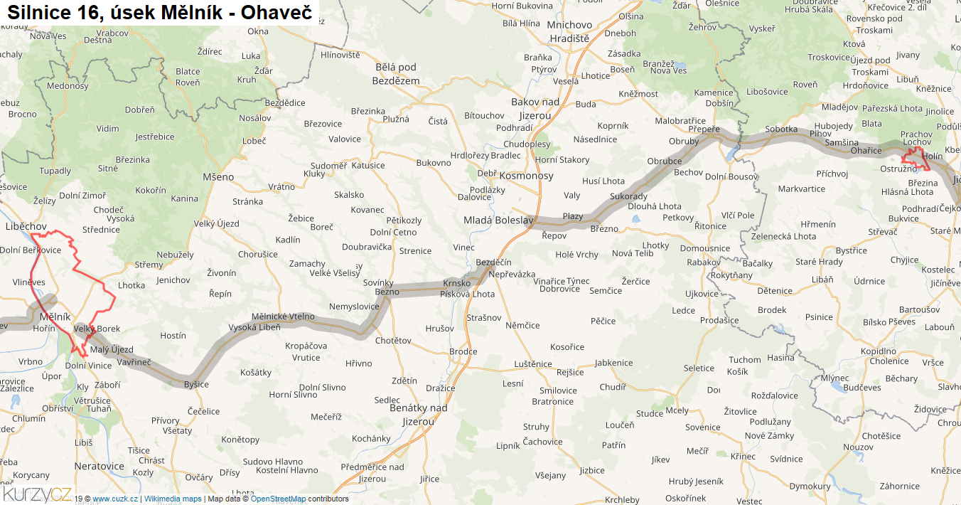 Úsek Mělník - Ohaveč, Silnice 16 - Mapa