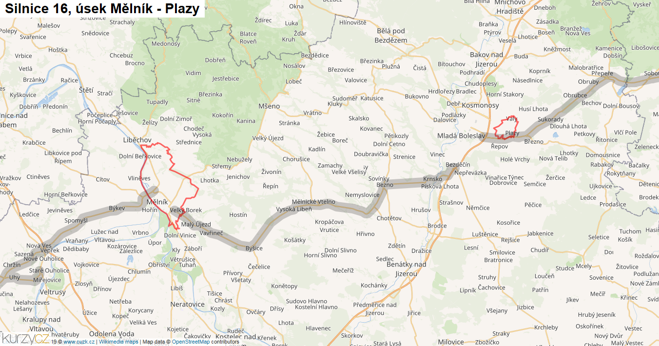 Úsek Mělník - Plazy, Silnice 16 - Mapa