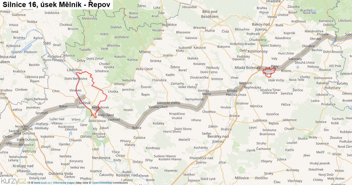 Úsek Mělník - Řepov, Silnice 16 - Mapa