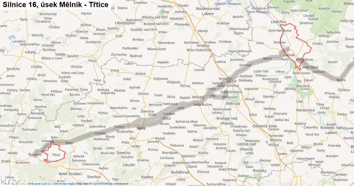 Úsek Mělník - Třtice, Silnice 16 - Mapa