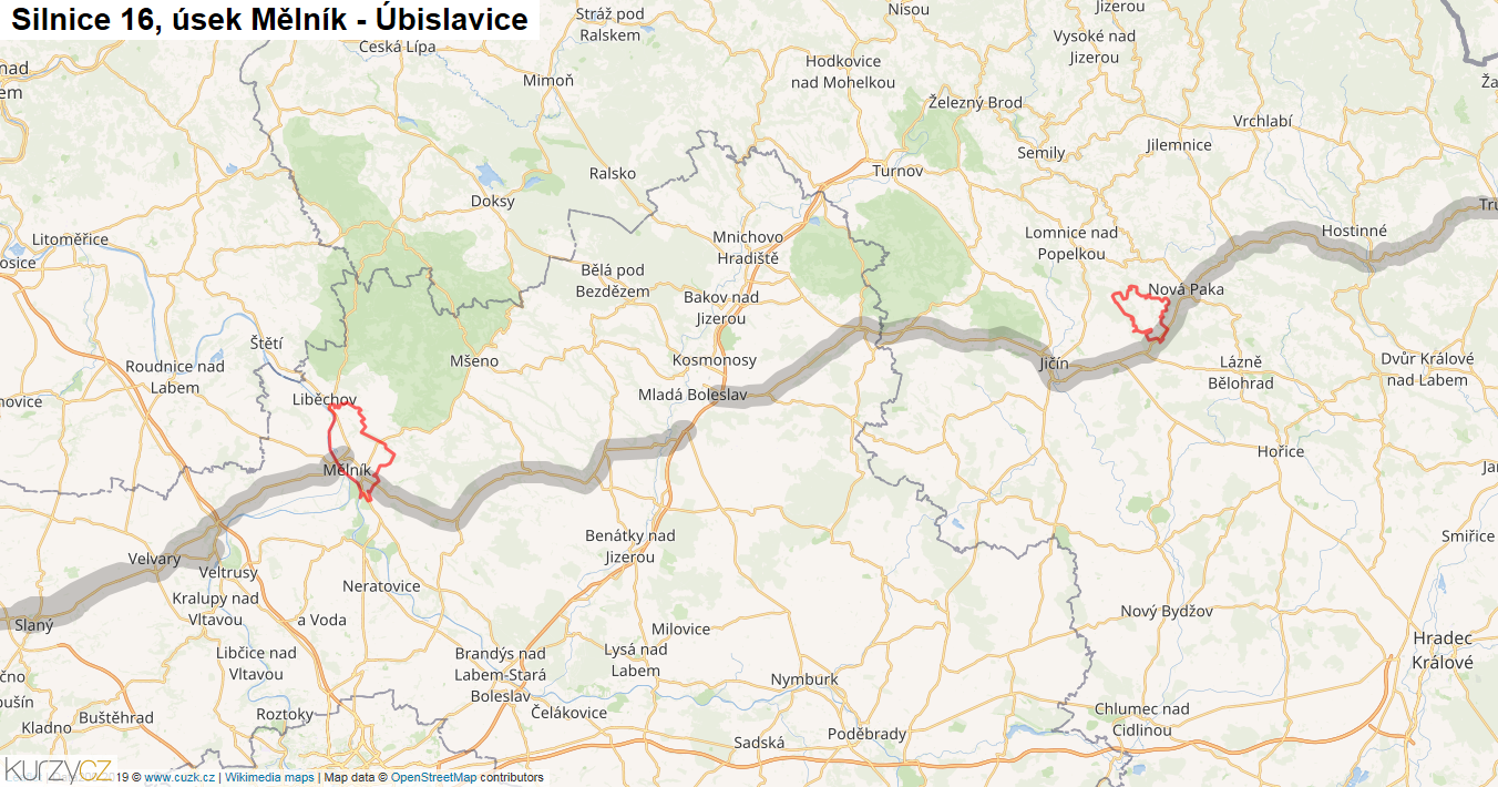 Úsek Mělník - Úbislavice, Silnice 16 - Mapa
