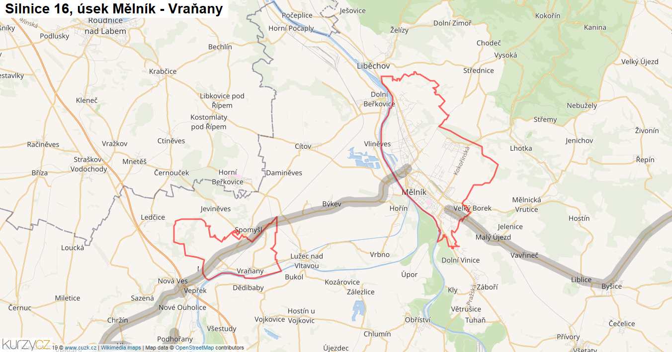 Úsek Mělník - Vraňany, Silnice 16 - Mapa