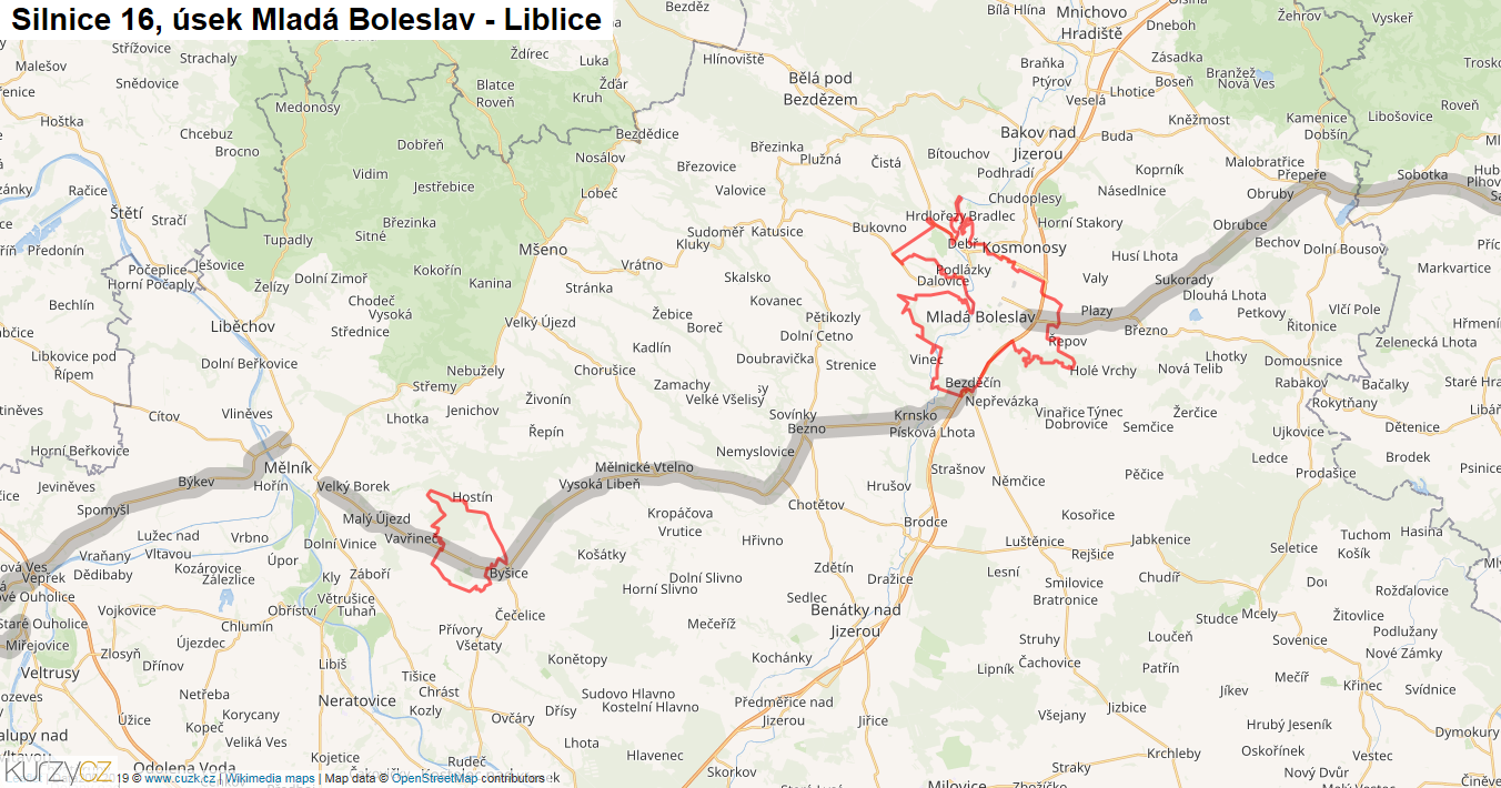 Úsek Mladá Boleslav - Liblice, Silnice 16 - Mapa