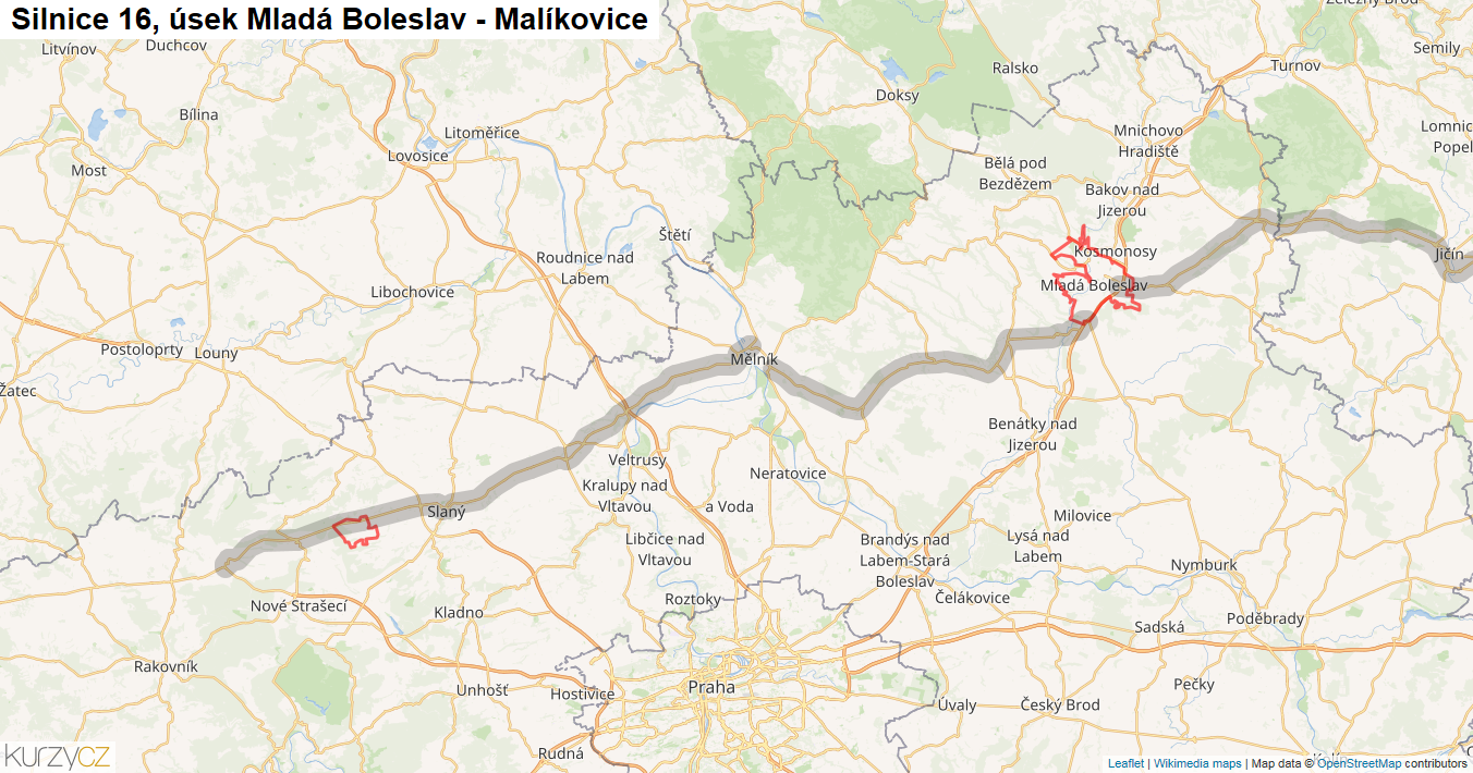 Úsek Mladá Boleslav - Malíkovice, Silnice 16 - Mapa