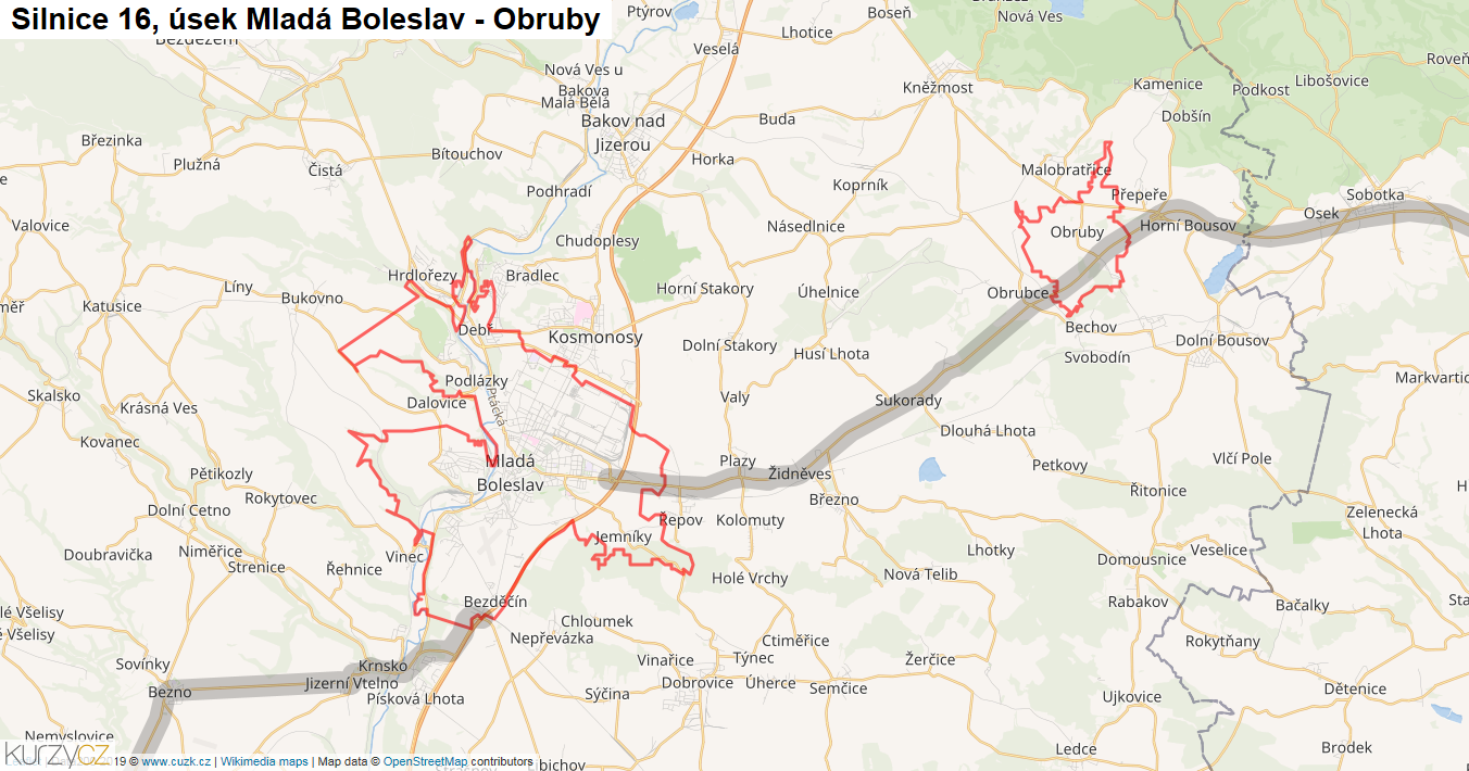 Úsek Mladá Boleslav - Obruby, Silnice 16 - Mapa
