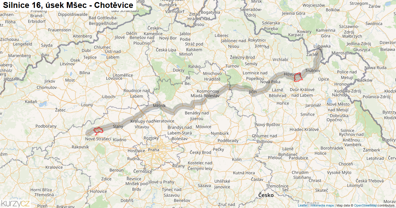 Úsek Mšec - Chotěvice, Silnice 16 - Mapa