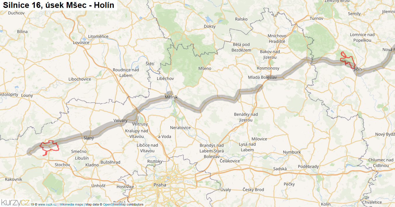 Úsek Mšec - Holín, Silnice 16 - Mapa