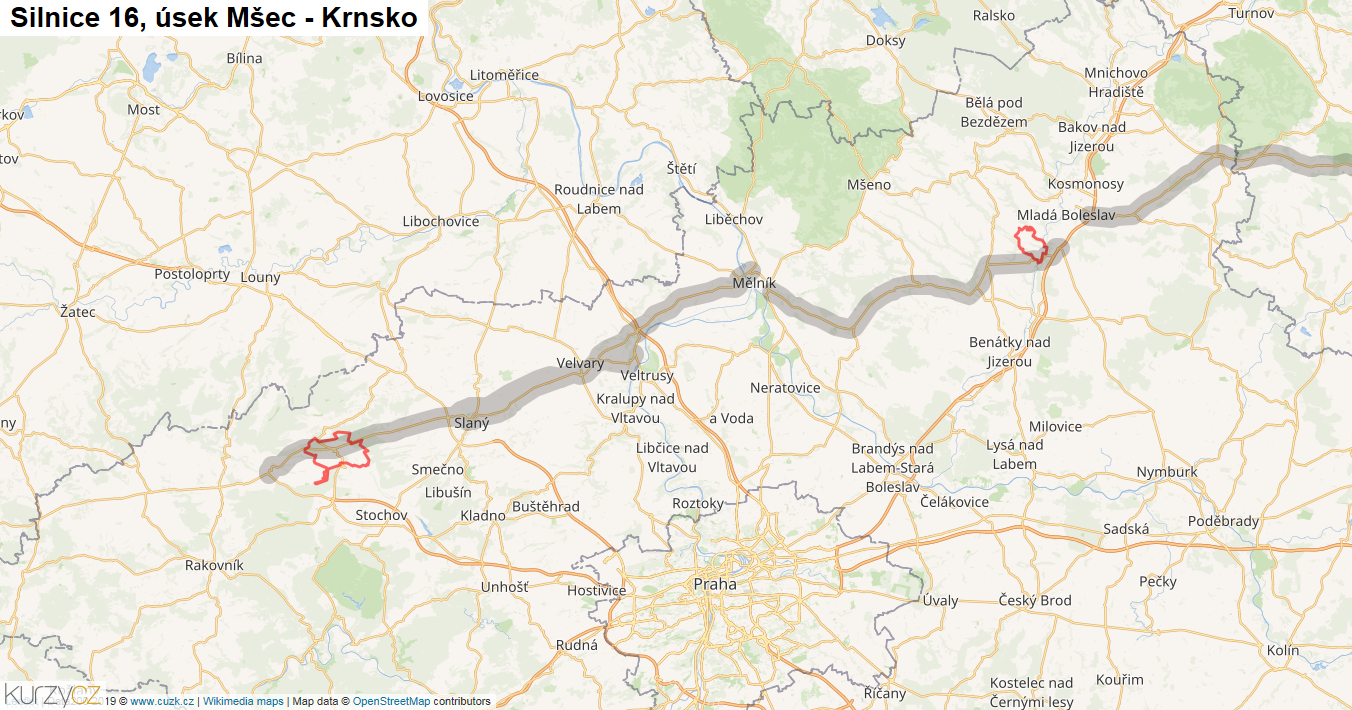 Úsek Mšec - Krnsko, Silnice 16 - Mapa