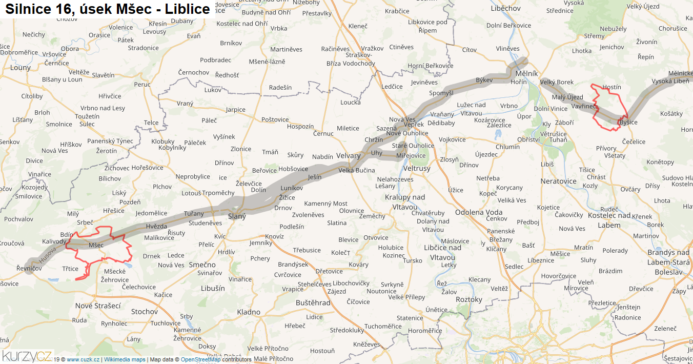 Úsek Mšec - Liblice, Silnice 16 - Mapa