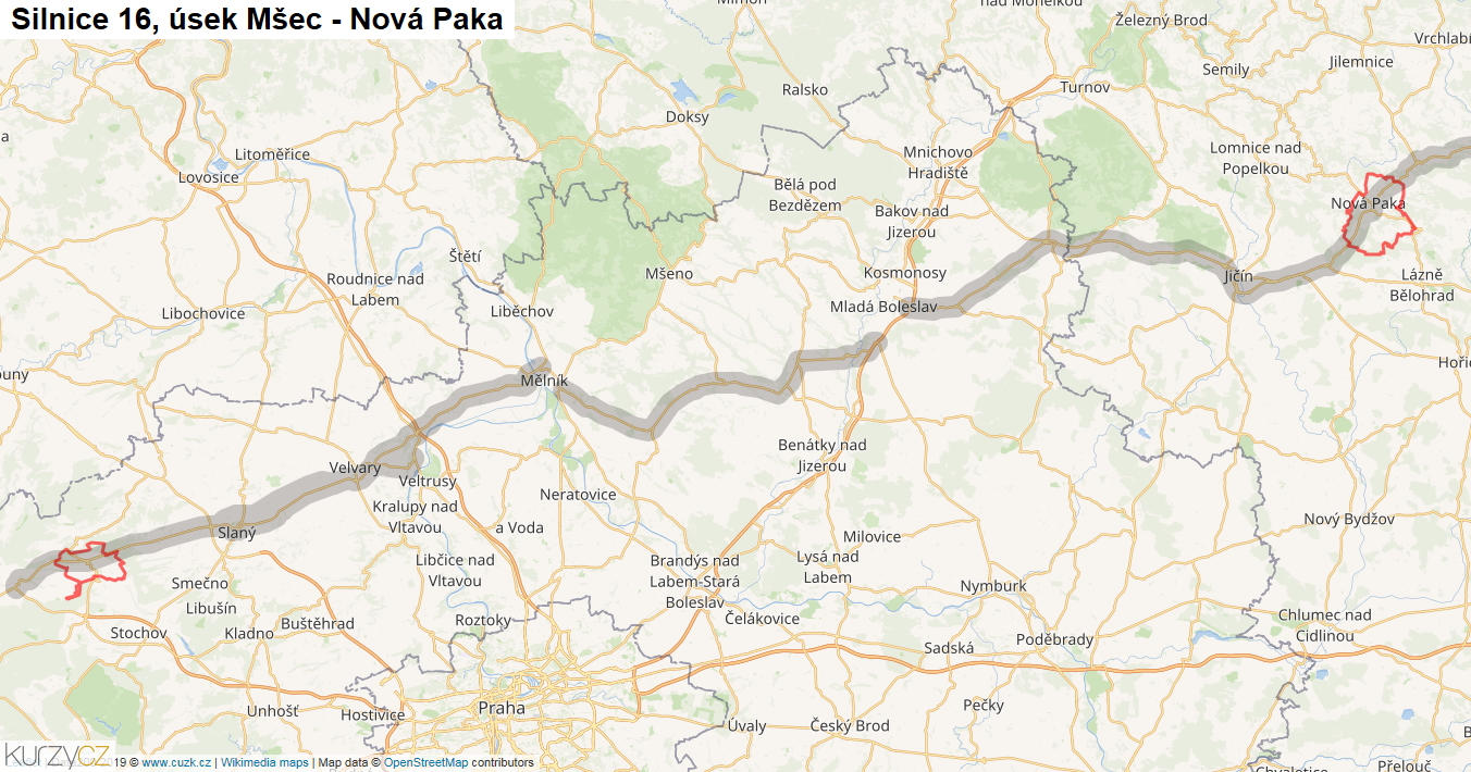 Úsek Mšec - Nová Paka, Silnice 16 - Mapa