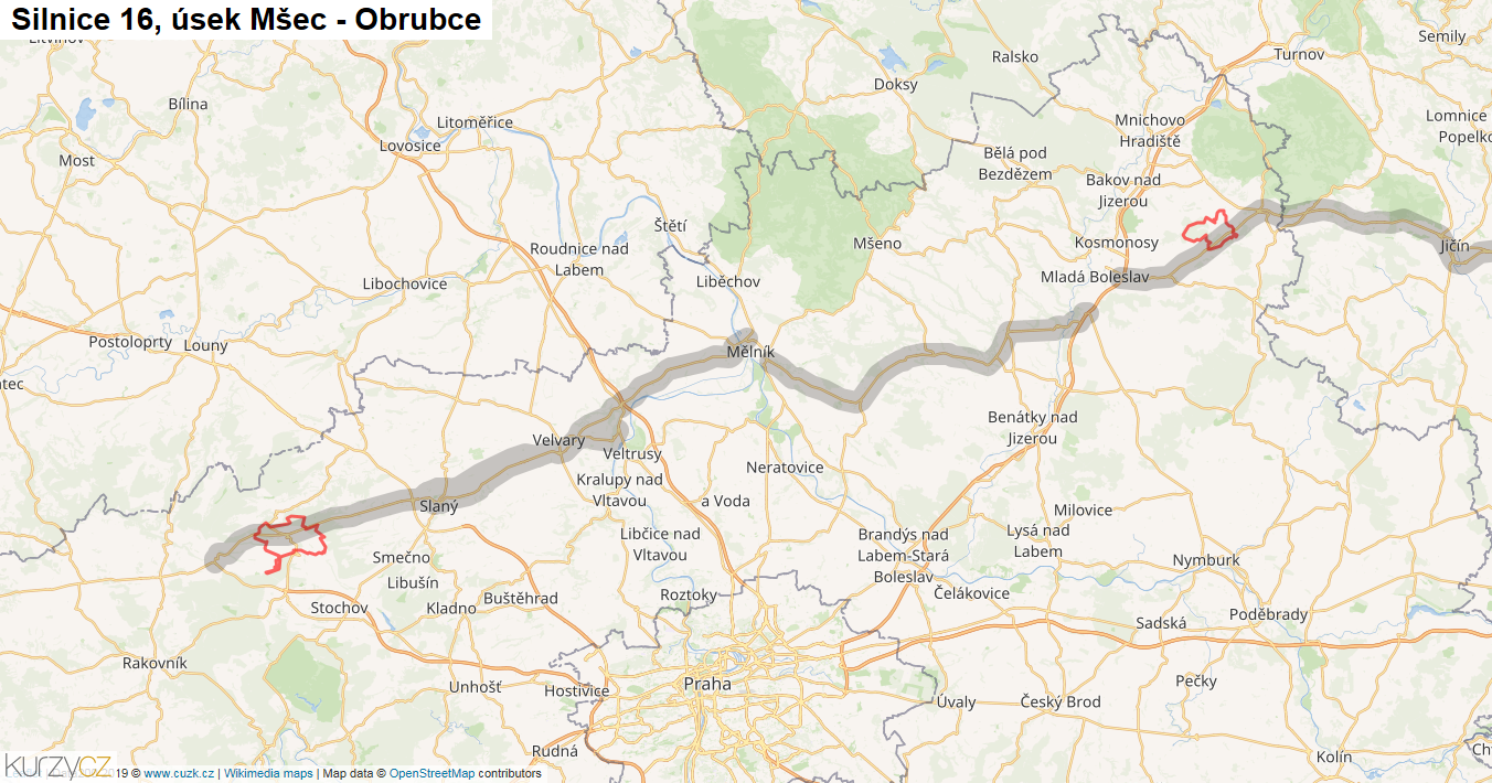 Úsek Mšec - Obrubce, Silnice 16 - Mapa