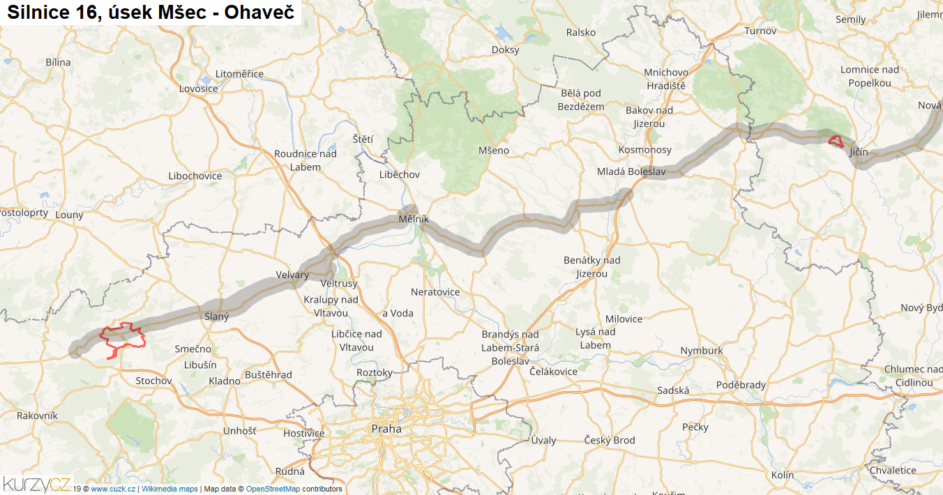 Úsek Mšec - Ohaveč, Silnice 16 - Mapa