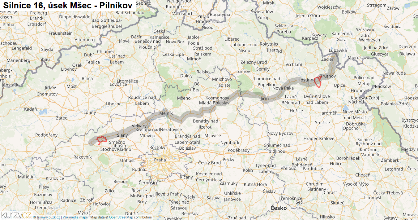 Úsek Mšec - Pilníkov, Silnice 16 - Mapa