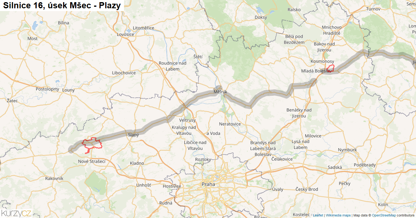 Úsek Mšec - Plazy, Silnice 16 - Mapa