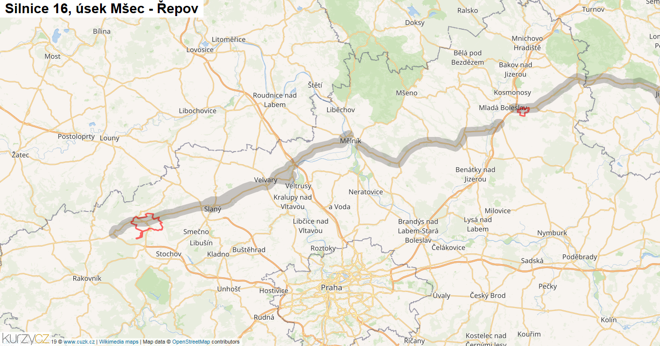 Úsek Mšec - Řepov, Silnice 16 - Mapa