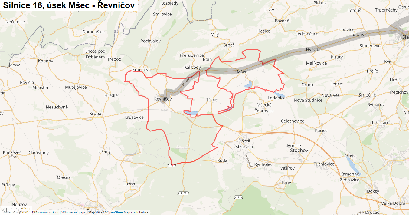 Úsek Mšec - Řevničov, Silnice 16 - Mapa