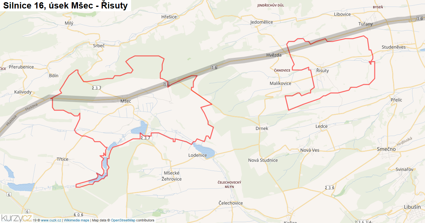 Úsek Mšec - Řisuty, Silnice 16 - Mapa