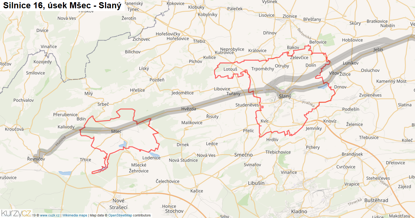 Úsek Mšec - Slaný, Silnice 16 - Mapa
