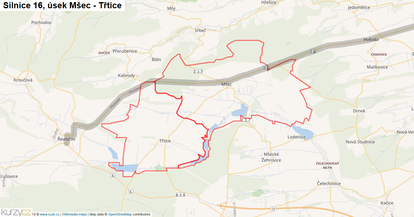 Úsek Mšec - Třtice, Silnice 16 - Mapa
