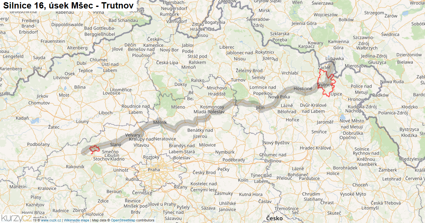 Úsek Mšec - Trutnov, Silnice 16 - Mapa