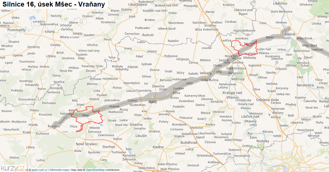 Úsek Mšec - Vraňany, Silnice 16 - Mapa