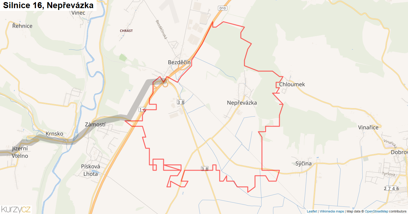 Nepřevázka, Silnice 16 - Mapa