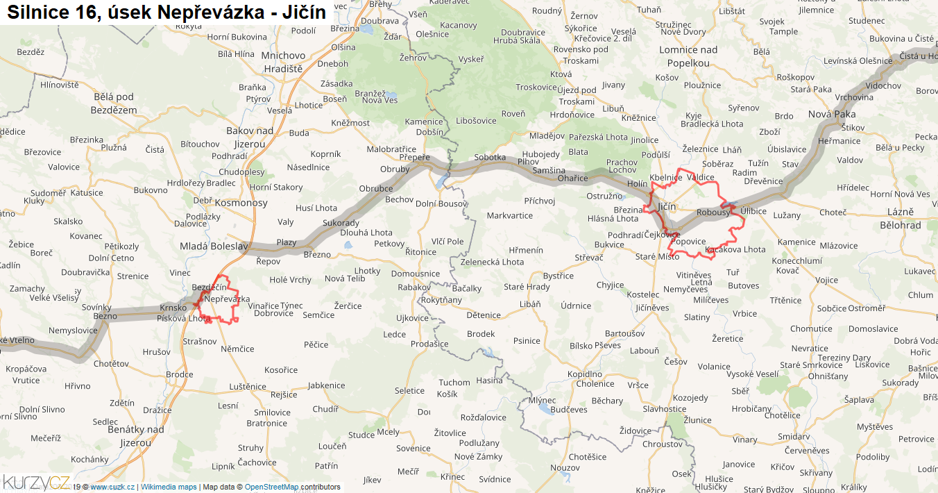Úsek Nepřevázka - Jičín, Silnice 16 - Mapa