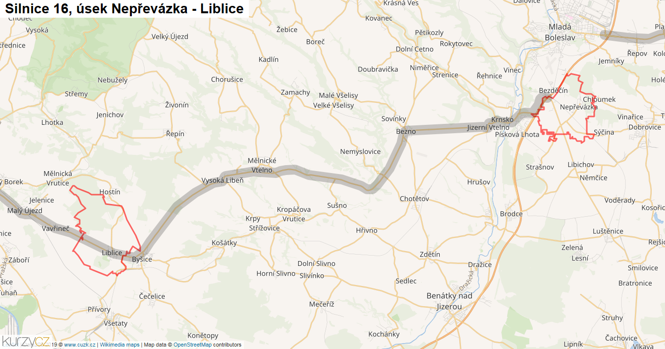 Úsek Nepřevázka - Liblice, Silnice 16 - Mapa