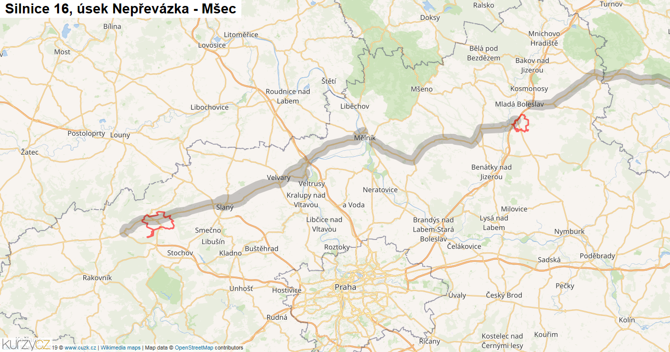Úsek Nepřevázka - Mšec, Silnice 16 - Mapa