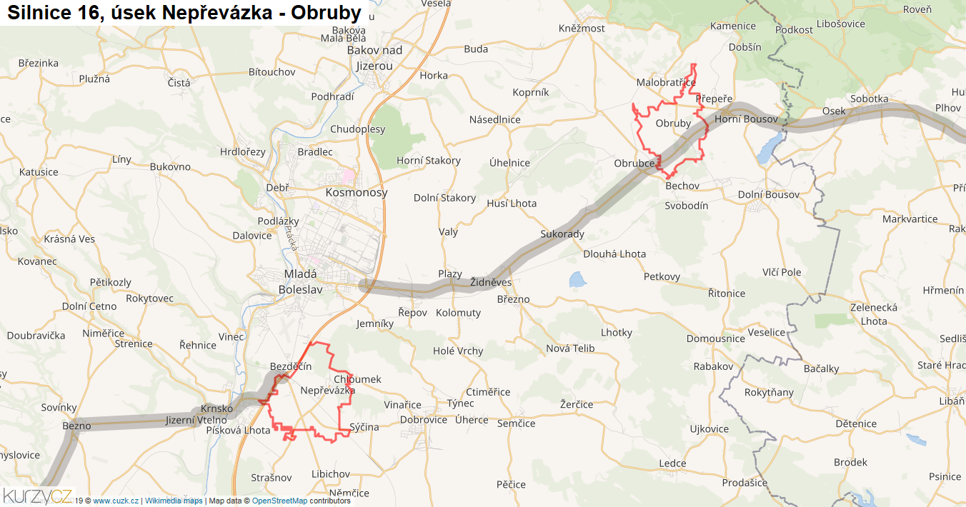 Úsek Nepřevázka - Obruby, Silnice 16 - Mapa