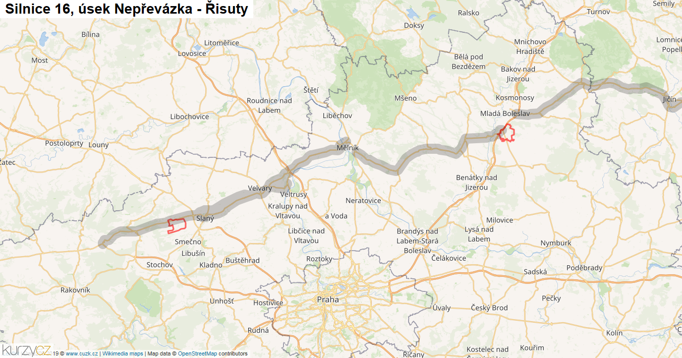 Úsek Nepřevázka - Řisuty, Silnice 16 - Mapa