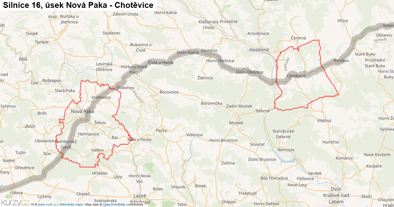 Úsek Nová Paka - Chotěvice, Silnice 16 - Mapa