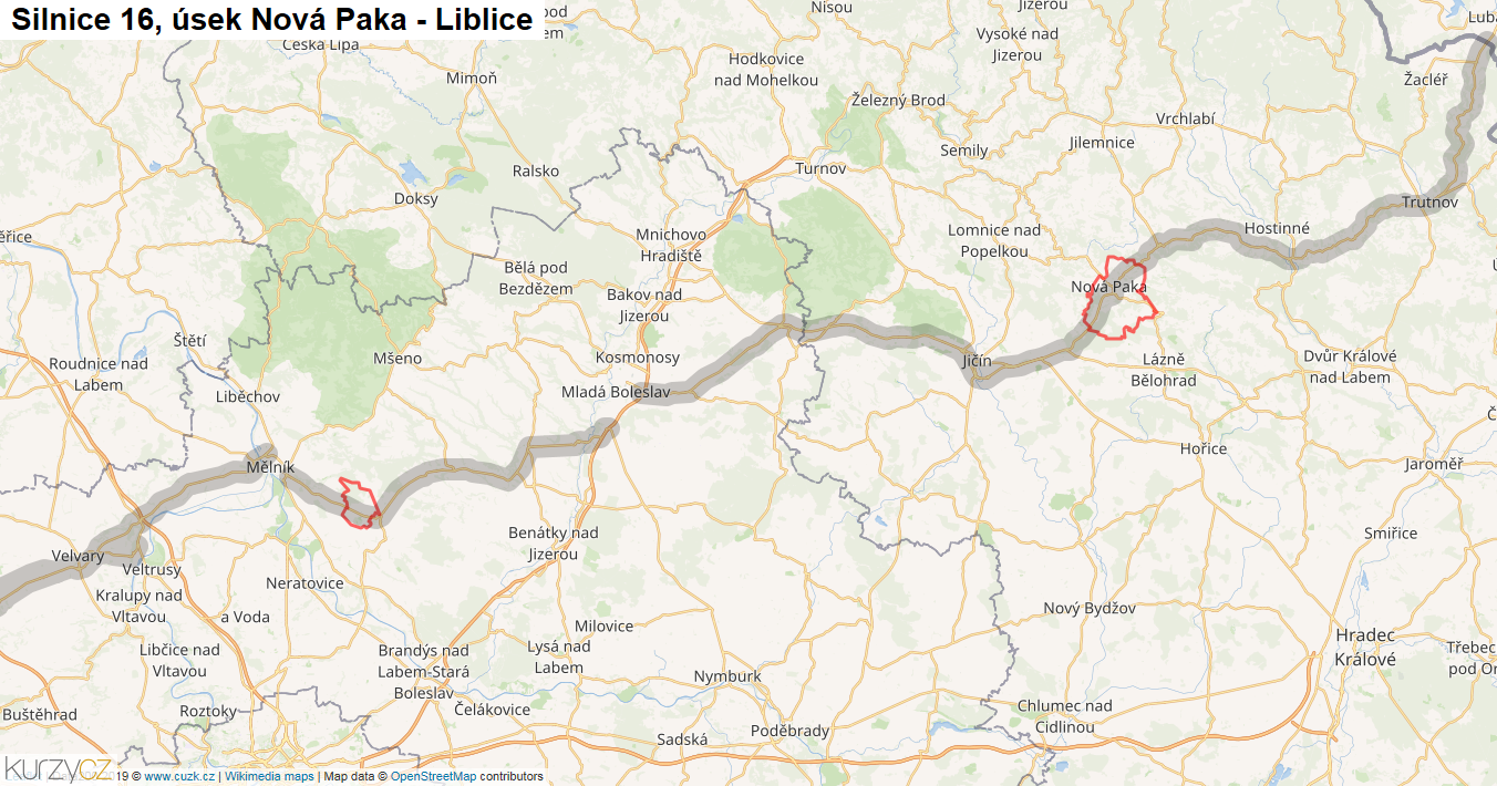 Úsek Nová Paka - Liblice, Silnice 16 - Mapa