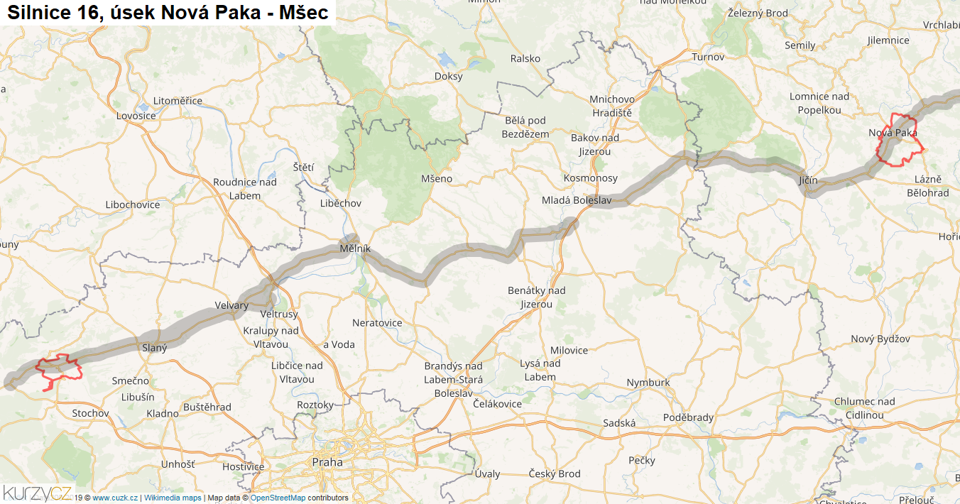 Úsek Nová Paka - Mšec, Silnice 16 - Mapa