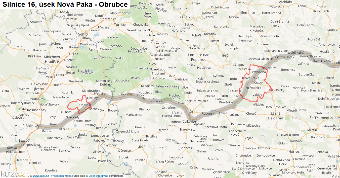 Úsek Nová Paka - Obrubce, Silnice 16 - Mapa