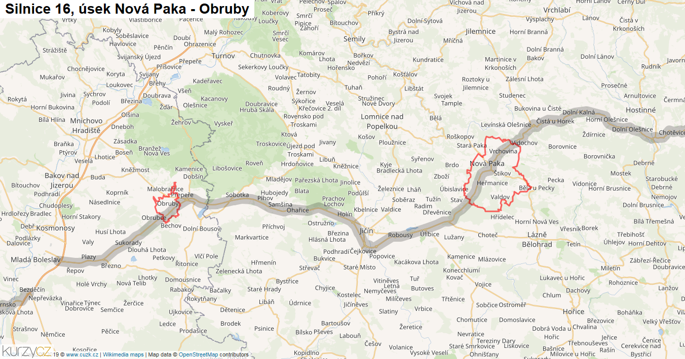 Úsek Nová Paka - Obruby, Silnice 16 - Mapa