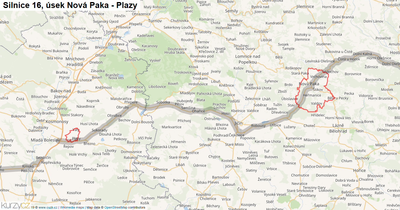 Úsek Nová Paka - Plazy, Silnice 16 - Mapa