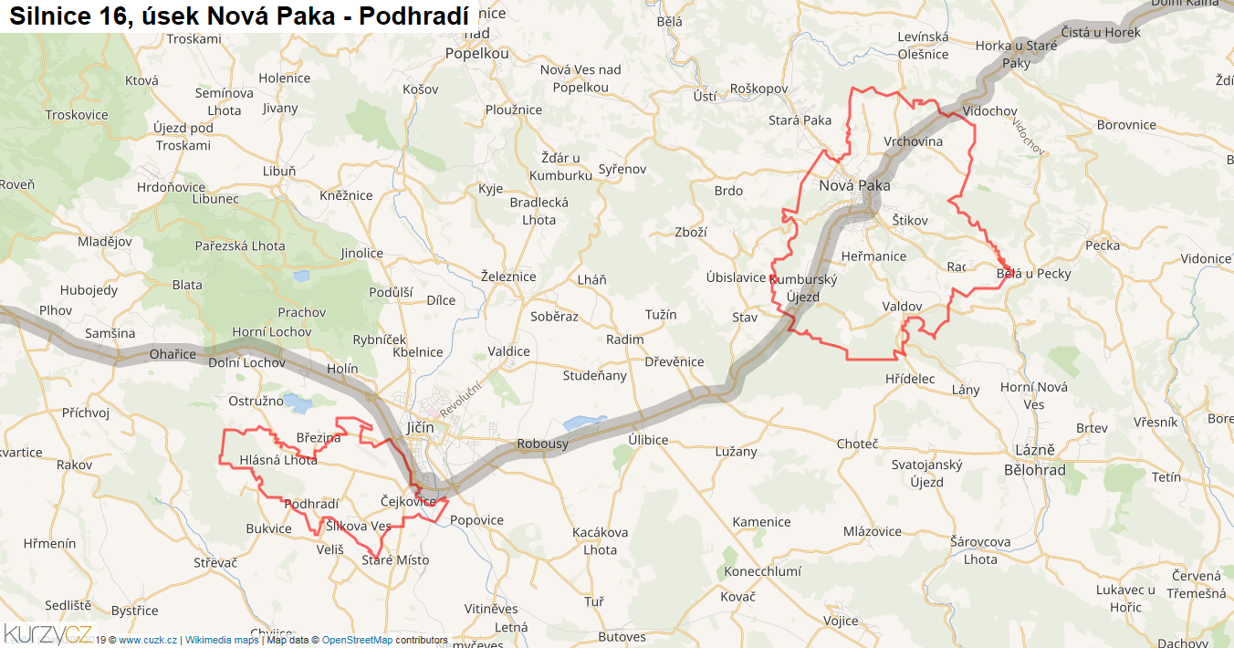 Úsek Nová Paka - Podhradí, Silnice 16 - Mapa