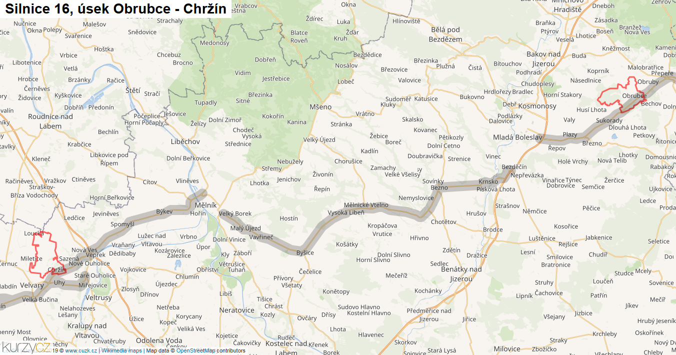 Úsek Obrubce - Chržín, Silnice 16 - Mapa