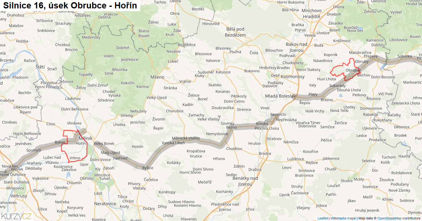 Úsek Obrubce - Hořín, Silnice 16 - Mapa