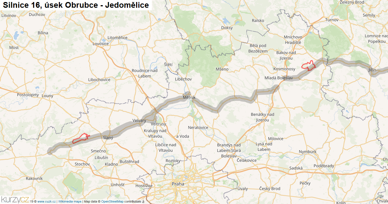 Úsek Obrubce - Jedomělice, Silnice 16 - Mapa