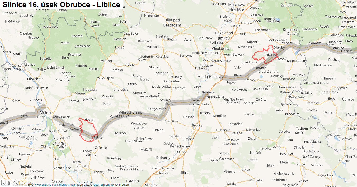 Úsek Obrubce - Liblice, Silnice 16 - Mapa