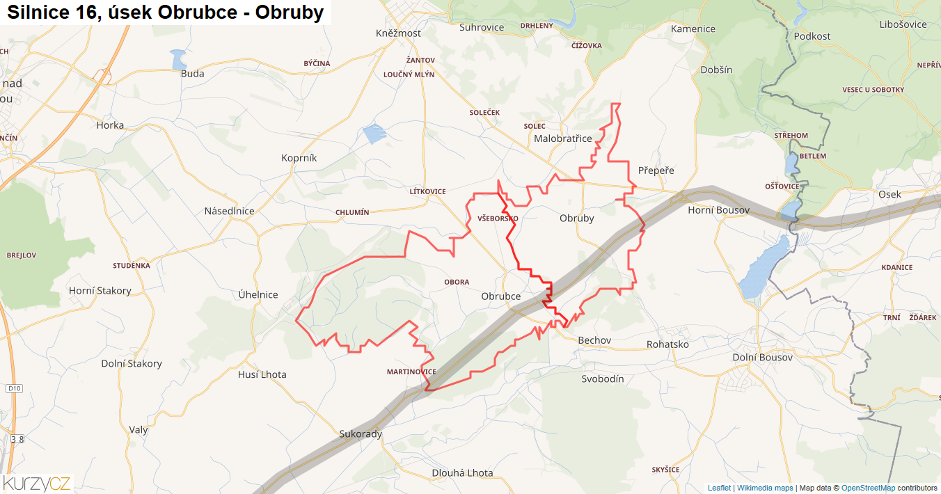 Úsek Obrubce - Obruby, Silnice 16 - Mapa