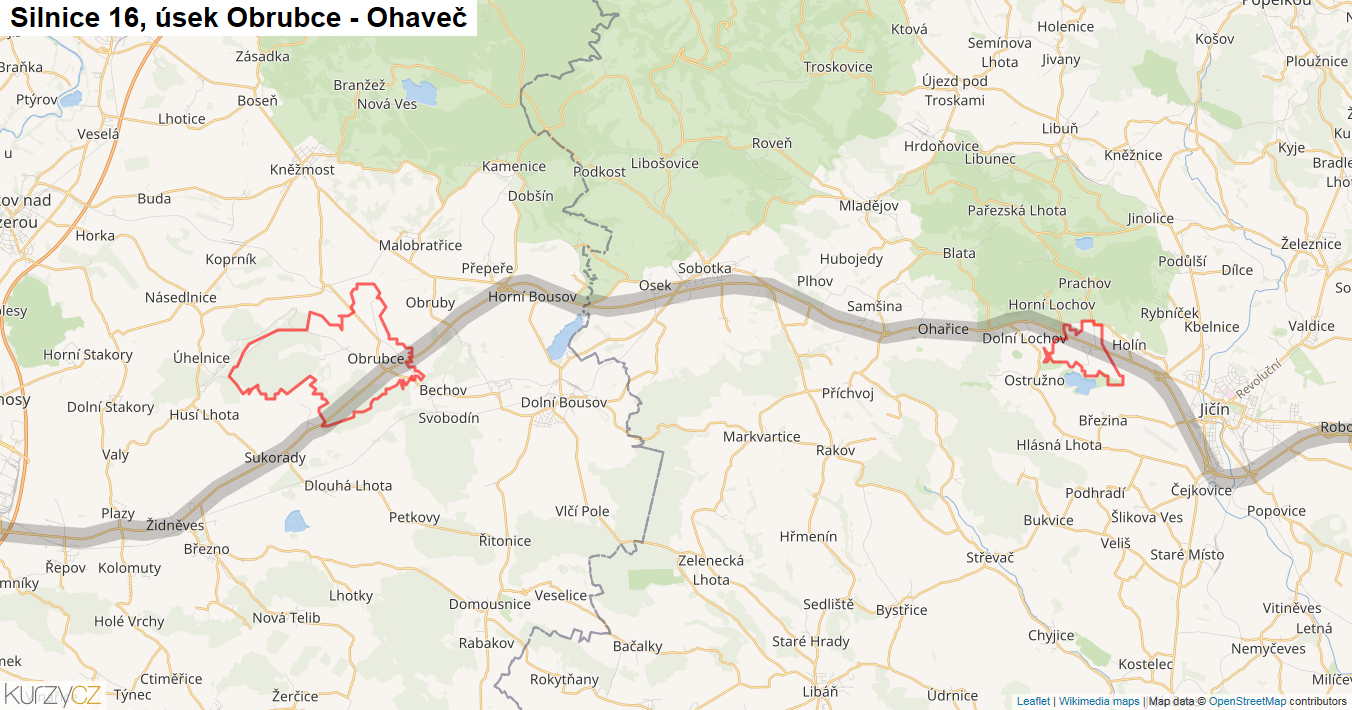 Úsek Obrubce - Ohaveč, Silnice 16 - Mapa