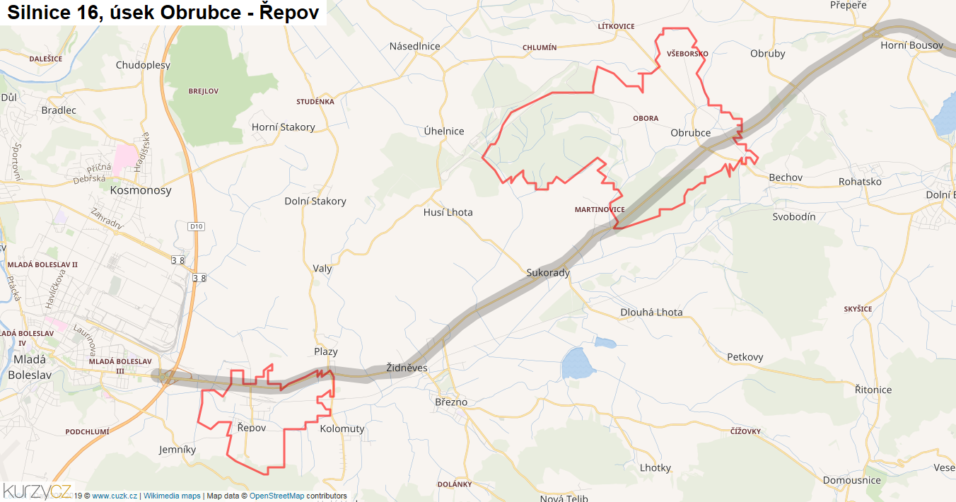 Úsek Obrubce - Řepov, Silnice 16 - Mapa