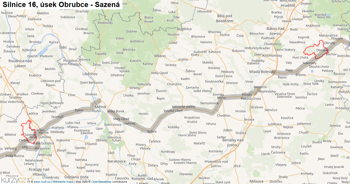 Úsek Obrubce - Sazená, Silnice 16 - Mapa