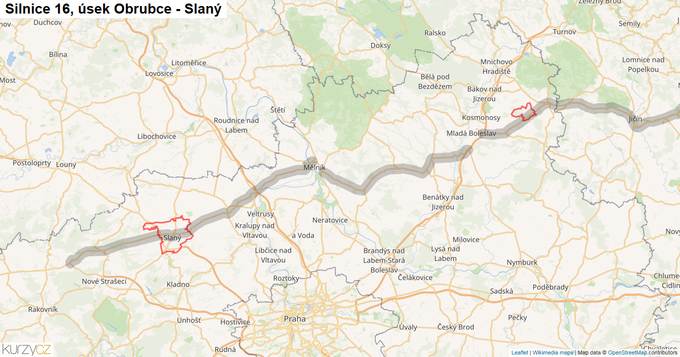Úsek Obrubce - Slaný, Silnice 16 - Mapa