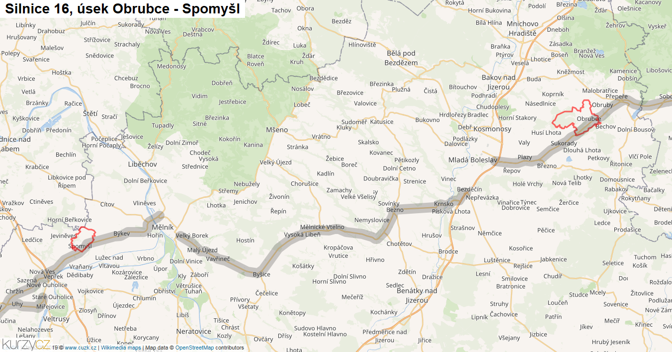 Úsek Obrubce - Spomyšl, Silnice 16 - Mapa
