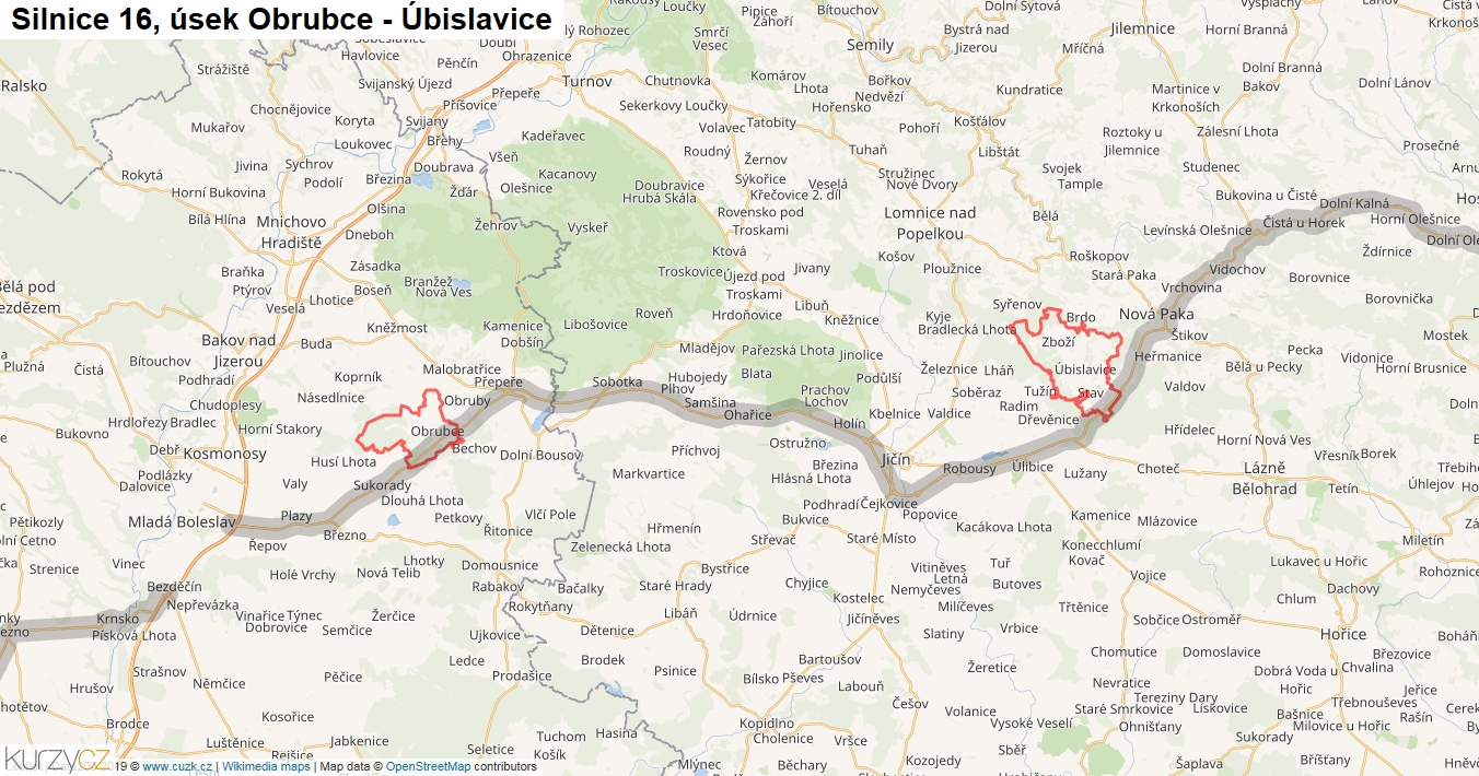 Úsek Obrubce - Úbislavice, Silnice 16 - Mapa