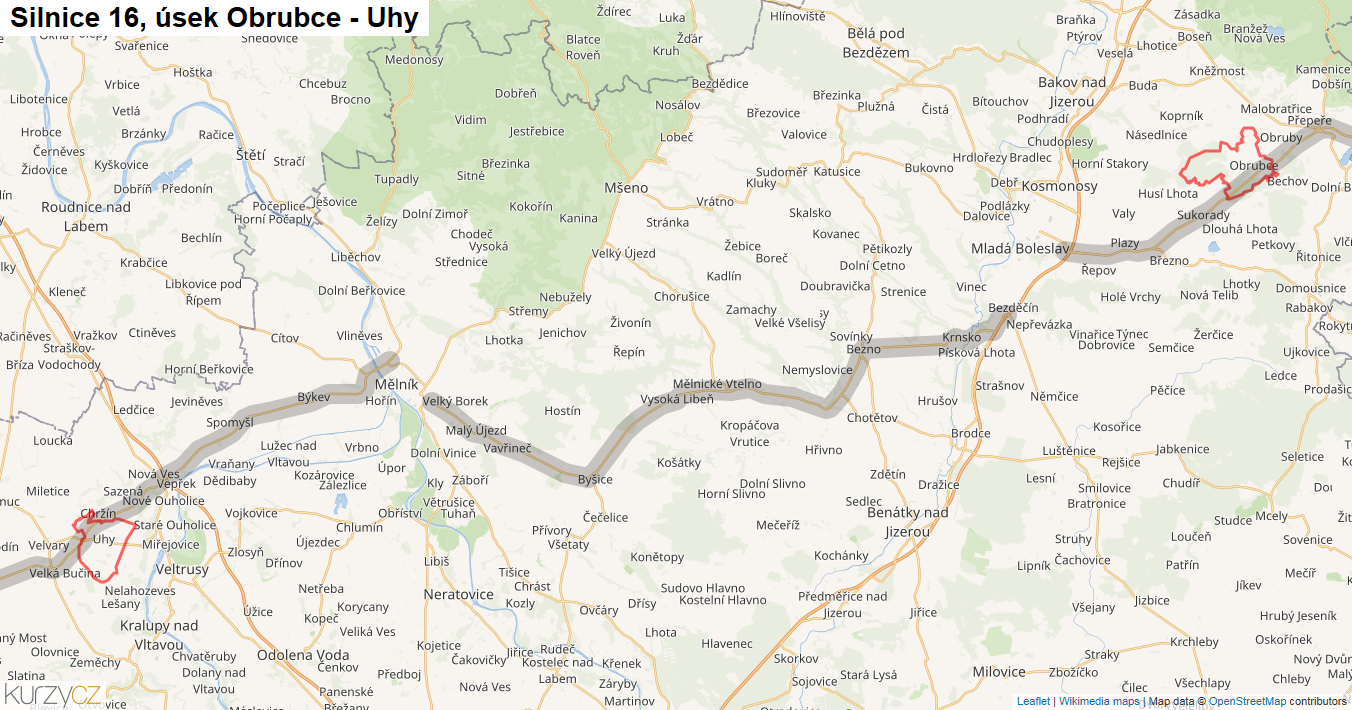 Úsek Obrubce - Uhy, Silnice 16 - Mapa
